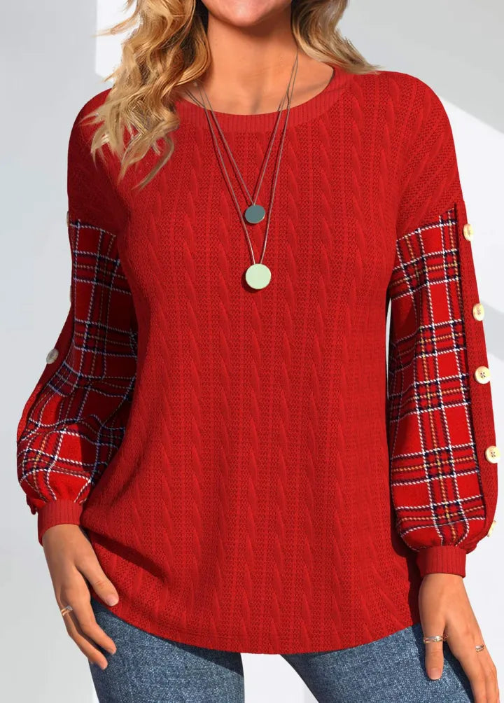 Ida | Women's Red Knit with Checked Sleeves