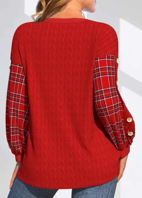 Ida | Women's Red Knit with Checked Sleeves