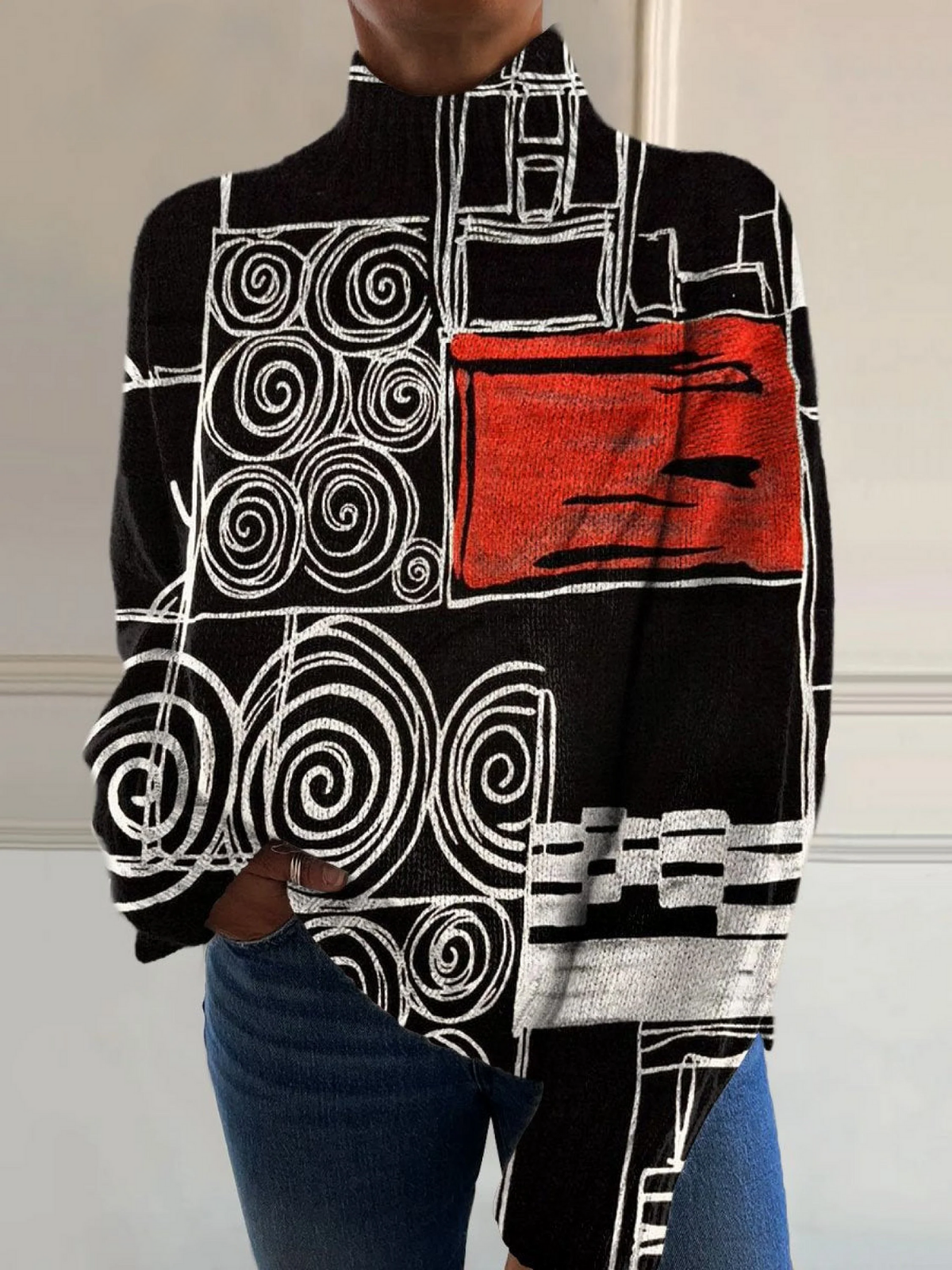 Cedar | Abstract colour block print turtleneck sweater