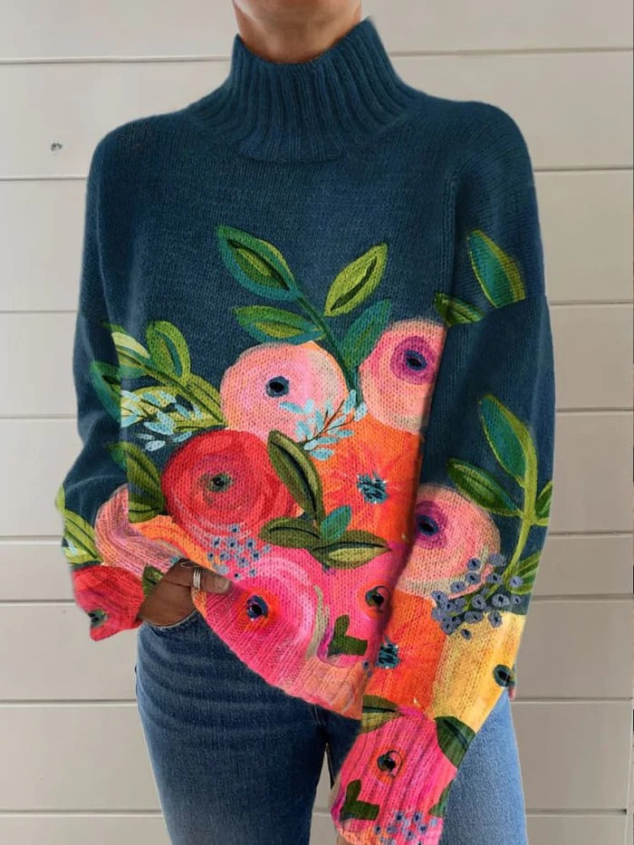Cedar | Retro floral pattern turtleneck sweater