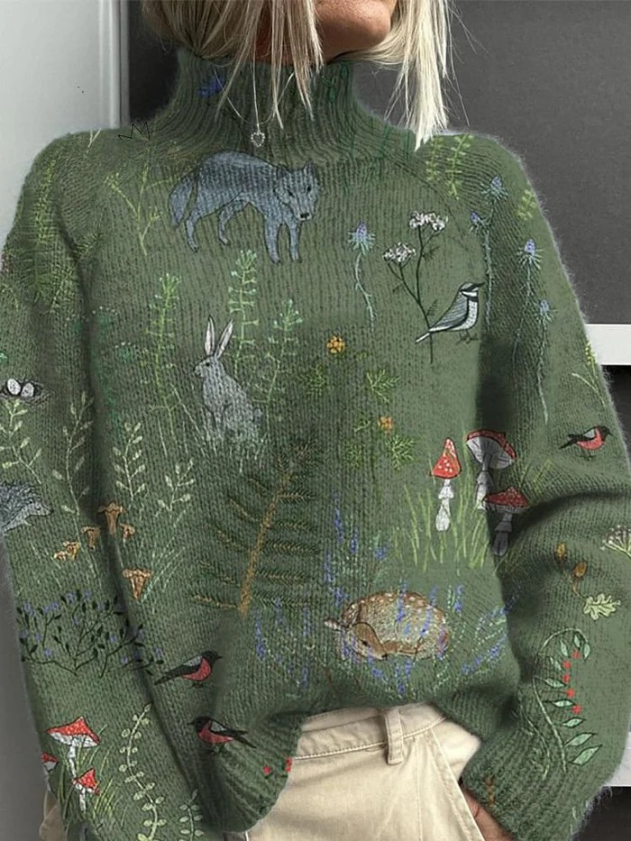 Cedar | Knitted forest and animal print turtleneck sweater
