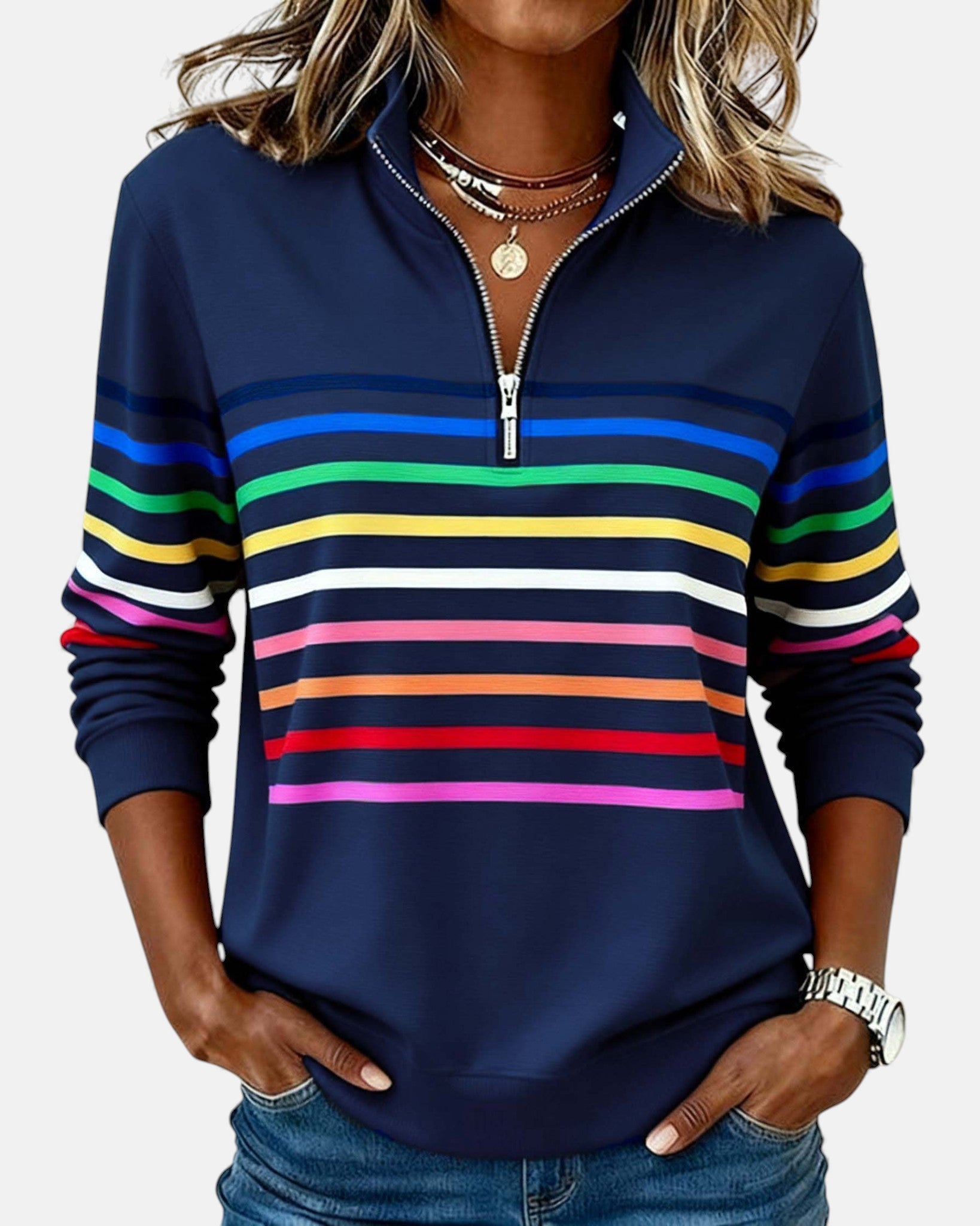 Helena | Rainbow Striped Zip Sweatshirt